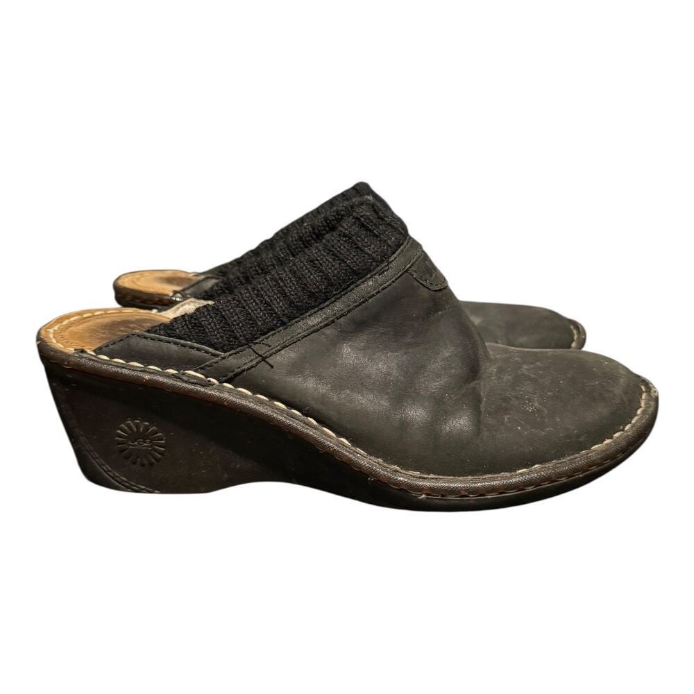 UGG Wedge Clog Shoes Women’s Size 8 Black Suede Shearling Lined Slip On Comfort - Picture 2 of 9